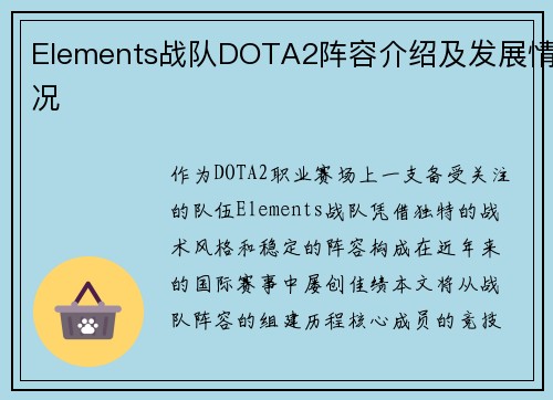 Elements战队DOTA2阵容介绍及发展情况