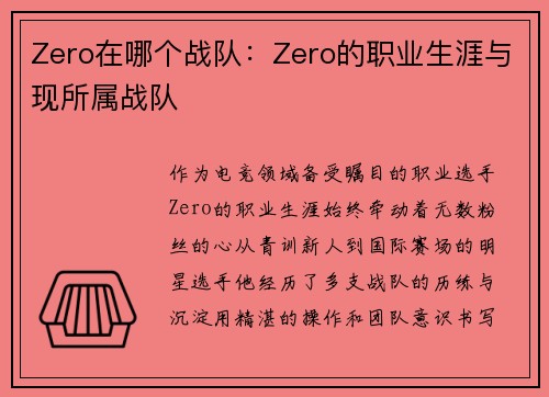 Zero在哪个战队：Zero的职业生涯与现所属战队