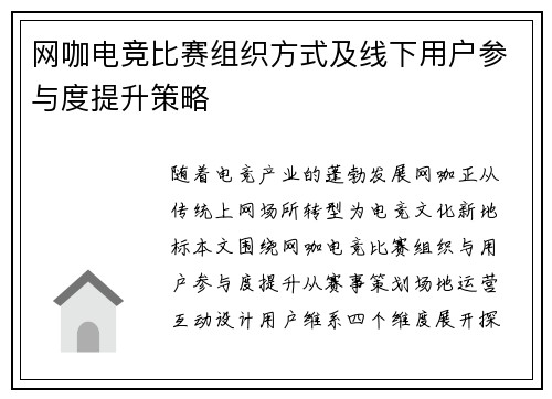 网咖电竞比赛组织方式及线下用户参与度提升策略
